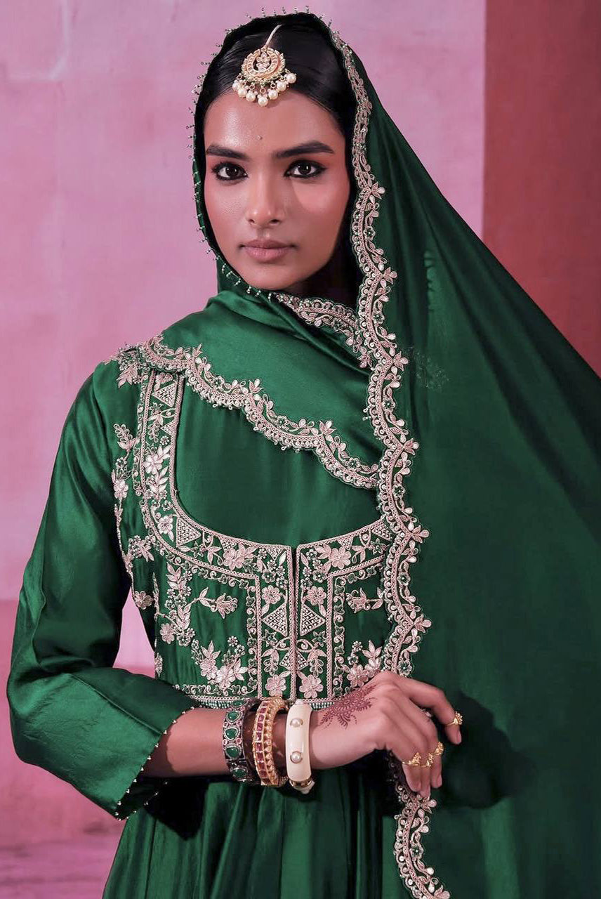 Emerald Green Embroidered Anarkali Gown Set with Dupatta