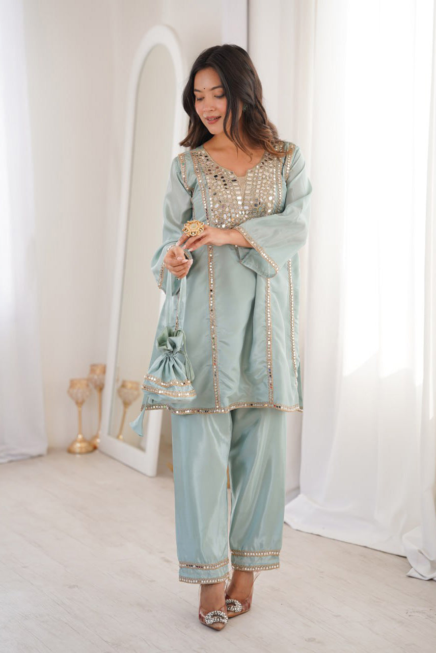 Powder Blue Mirror Work Kurta Sharara Set