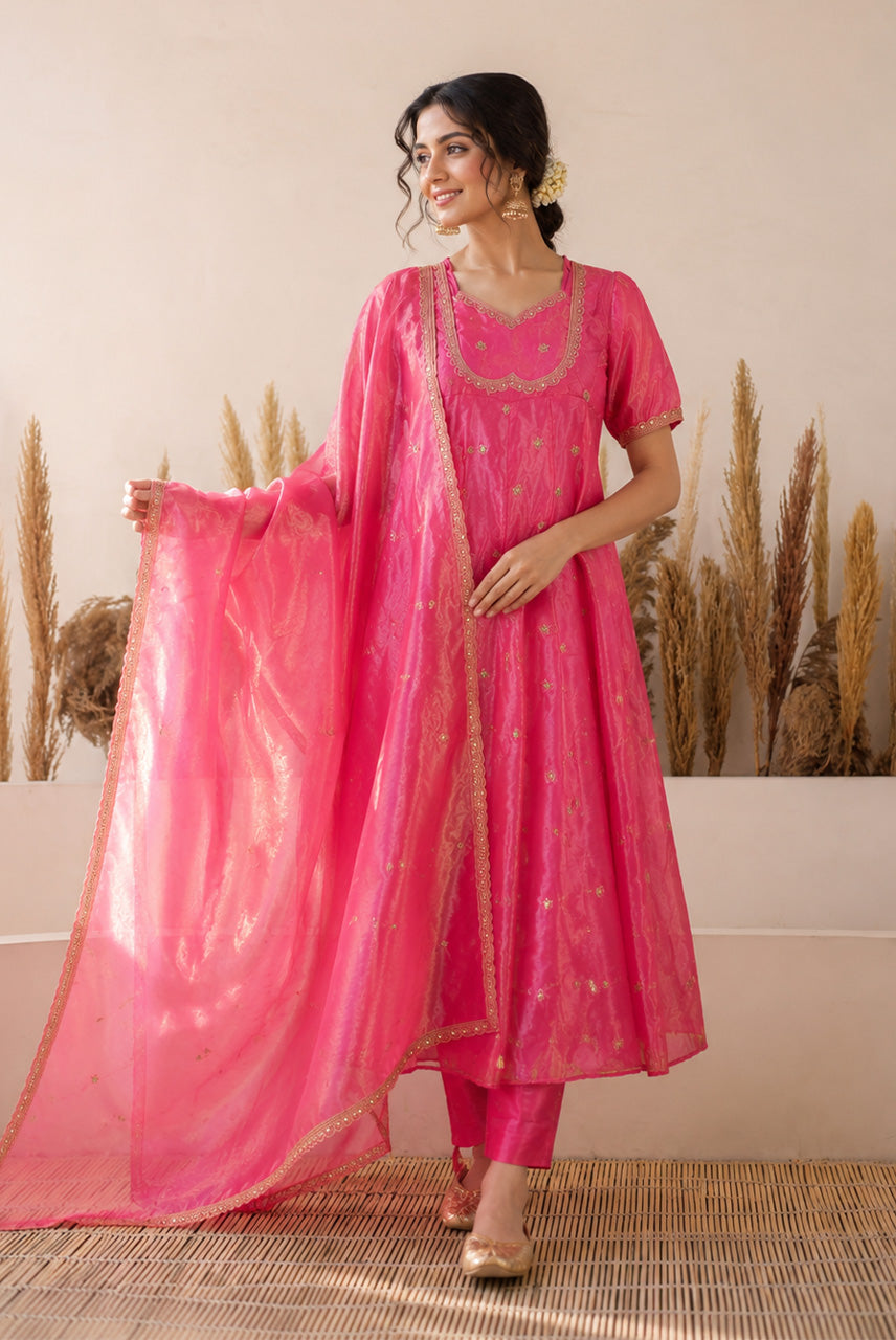 Gulnaar Pink Organza Anarkali Kurta Set