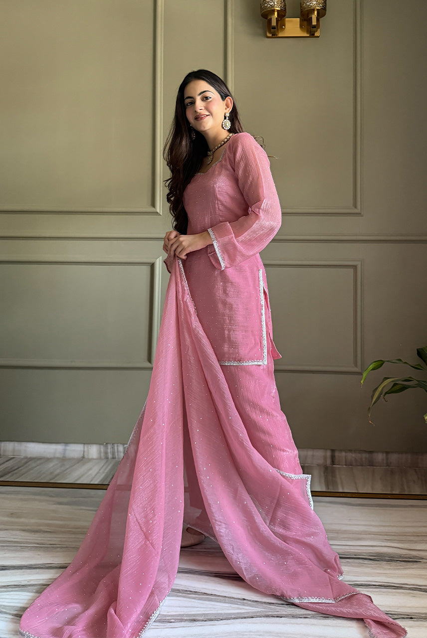 Blush Pink Embellished Kurta Pant Set with Dupatta