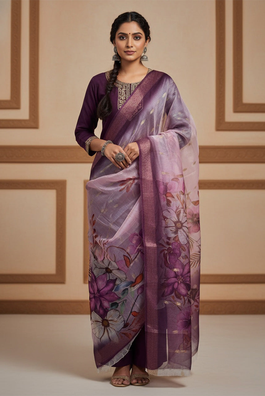 Lavender Bloom Floral Printed Kurta Set with Organza Dupatta