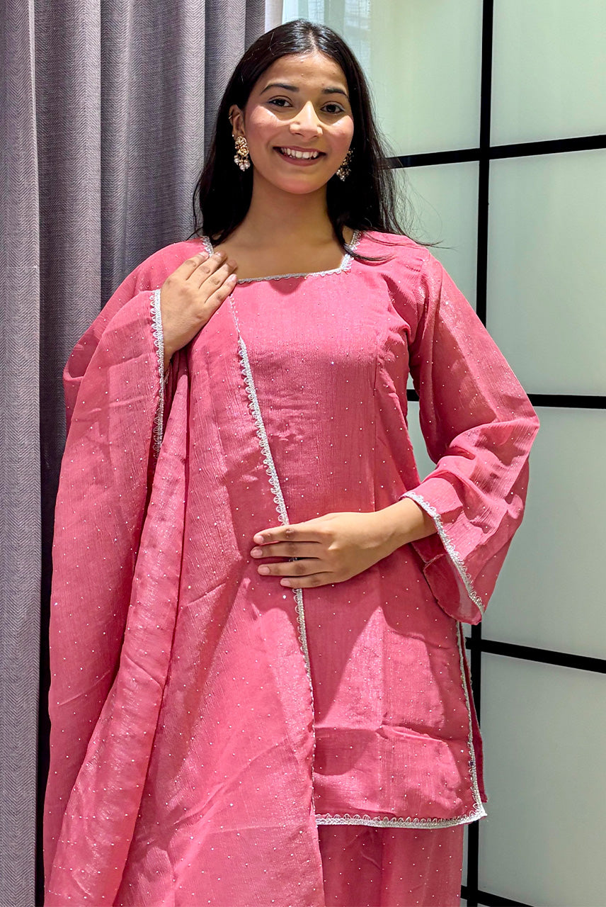 Blush Pink Embellished Kurta Pant Set with Dupatta