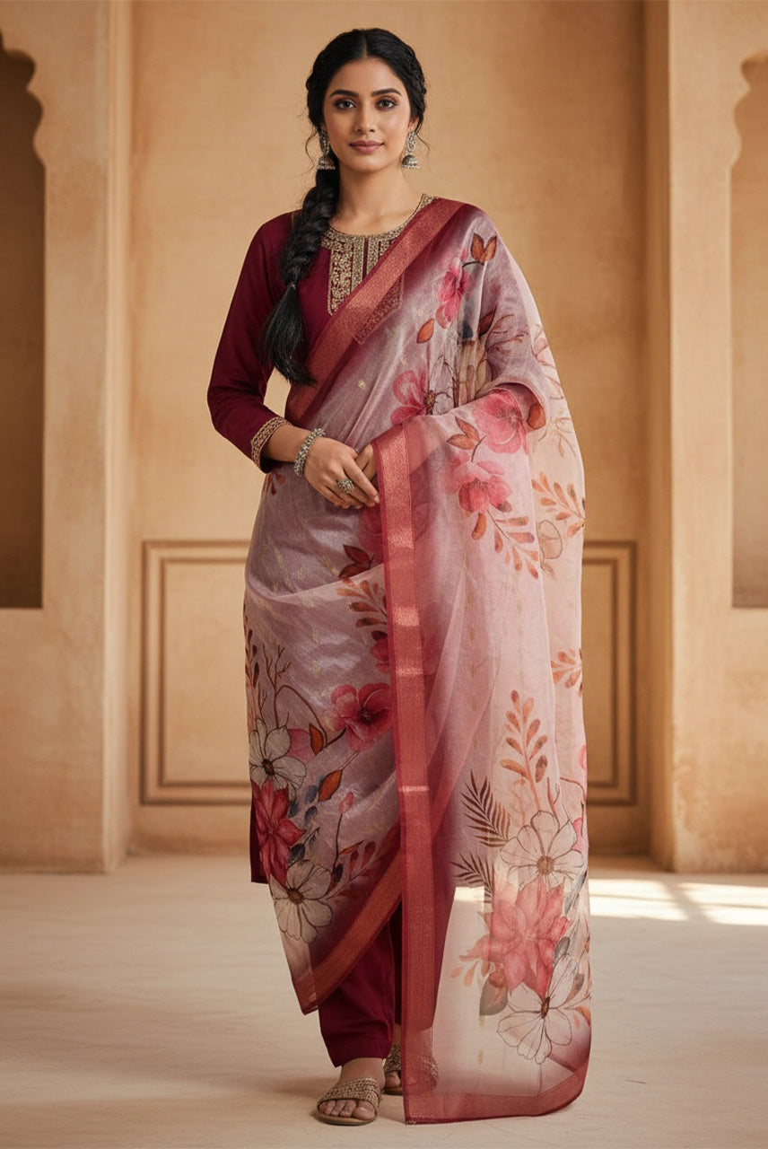 Ruby Bloom Floral Organza Dupatta Kurta Set