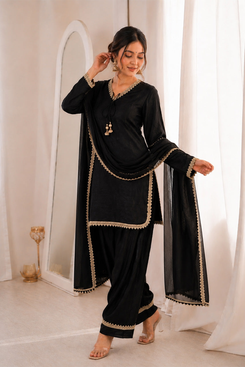 Classic Black Lace Detail Kurta Pant Set with Dupatta