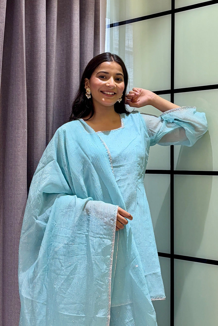 Powder Blue Embellished Kurta Palazzo Set with Dupatta