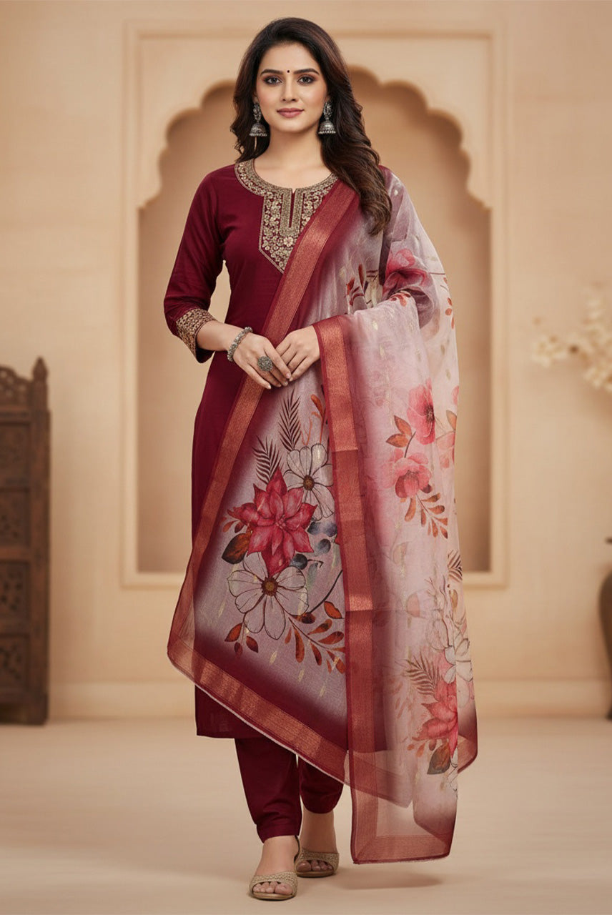 Ruby Bloom Floral Organza Dupatta Kurta Set