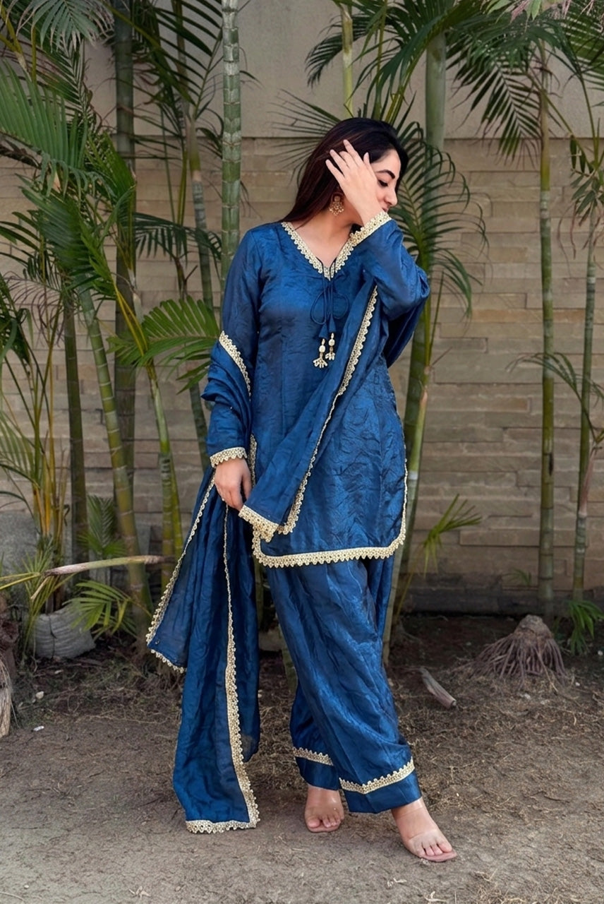 Royal Blue Lace Detailed Kurta Pant Set with Dupatta