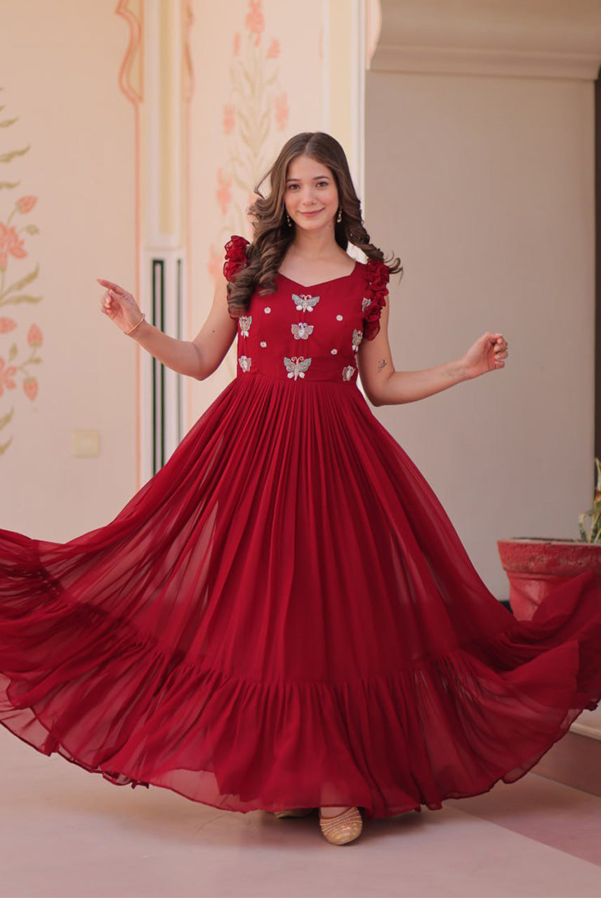 Ruby Red Butterfly Embellished Flared Anarkali Gown
