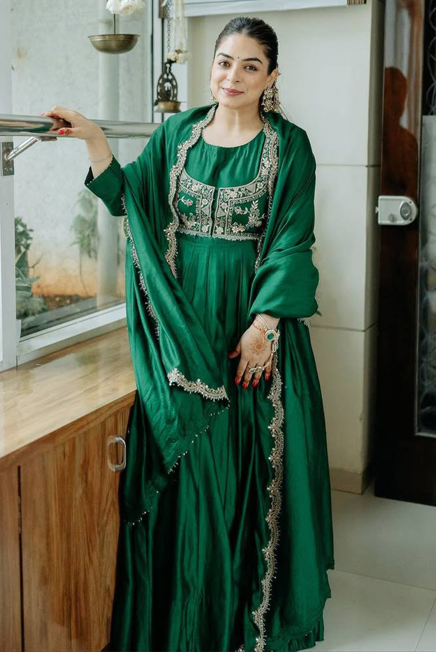 Emerald Green Embroidered Anarkali Gown Set with Dupatta