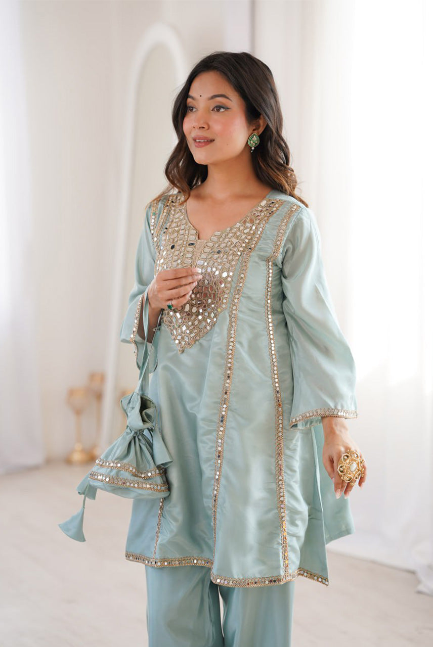 Powder Blue Mirror Work Kurta Sharara Set