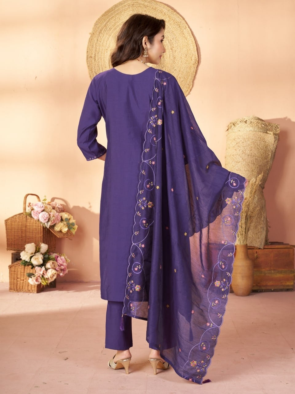Royal Purple Marina Silk Embroidered Suit Set with Dupatta