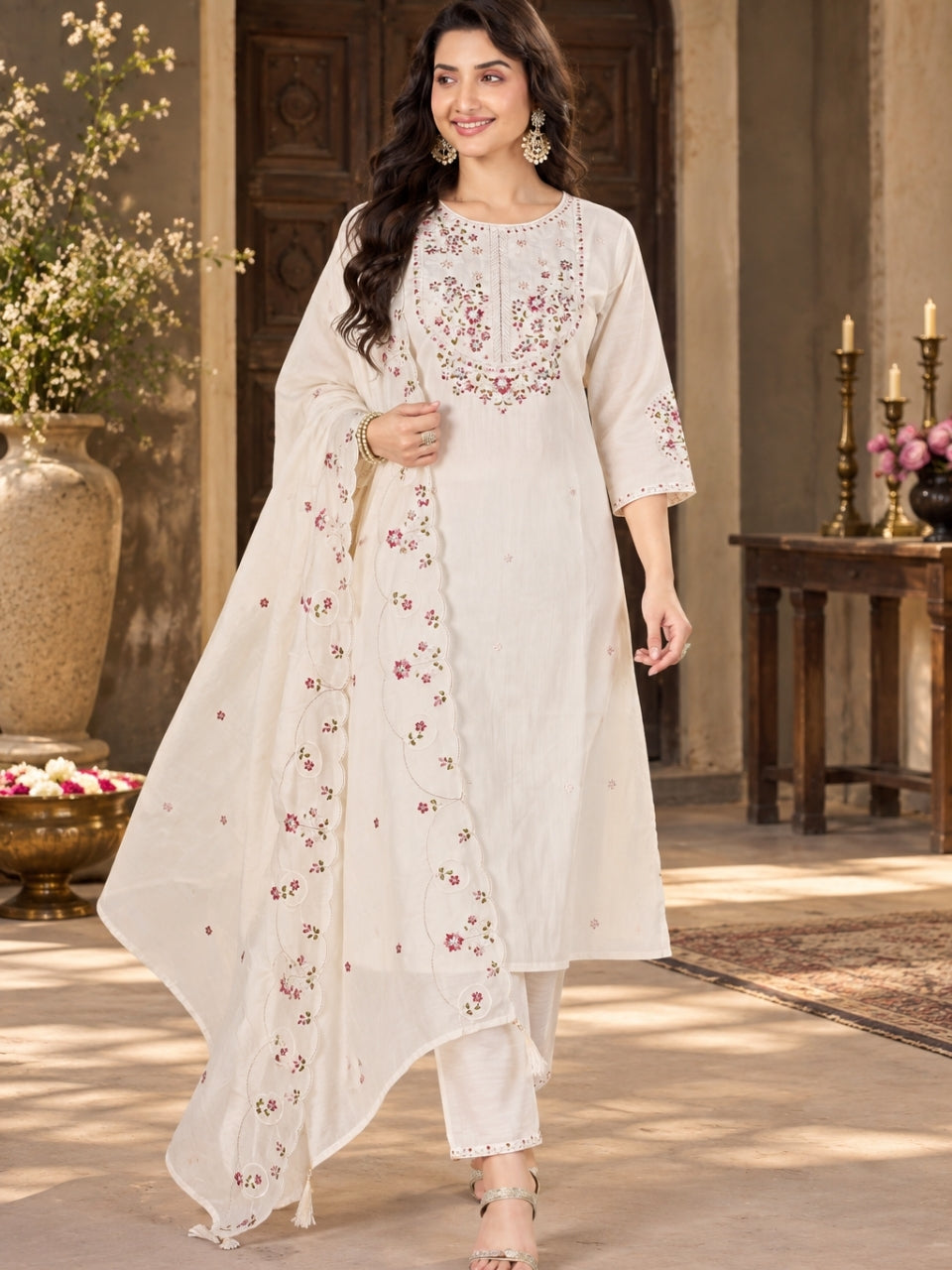 Ivory Marina Silk Embroidered Suit Set with Dupatta