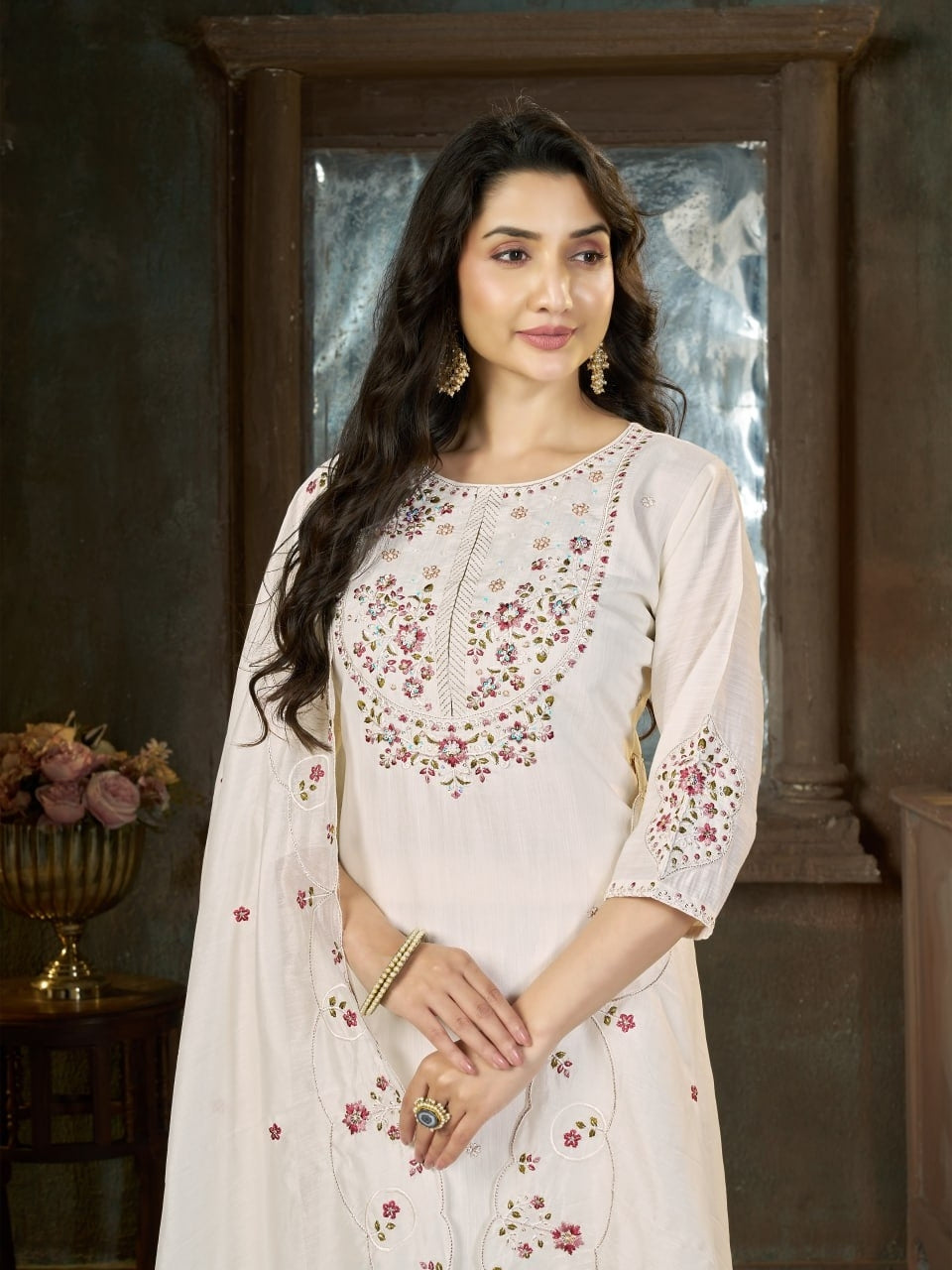 Ivory Marina Silk Embroidered Suit Set with Dupatta