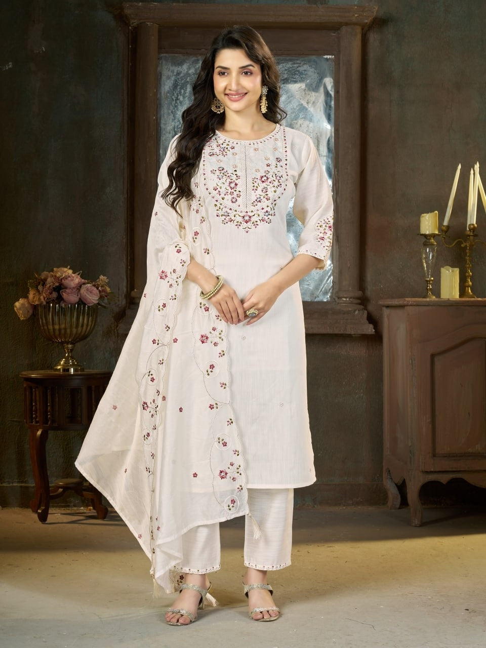Ivory Marina Silk Embroidered Suit Set with Dupatta
