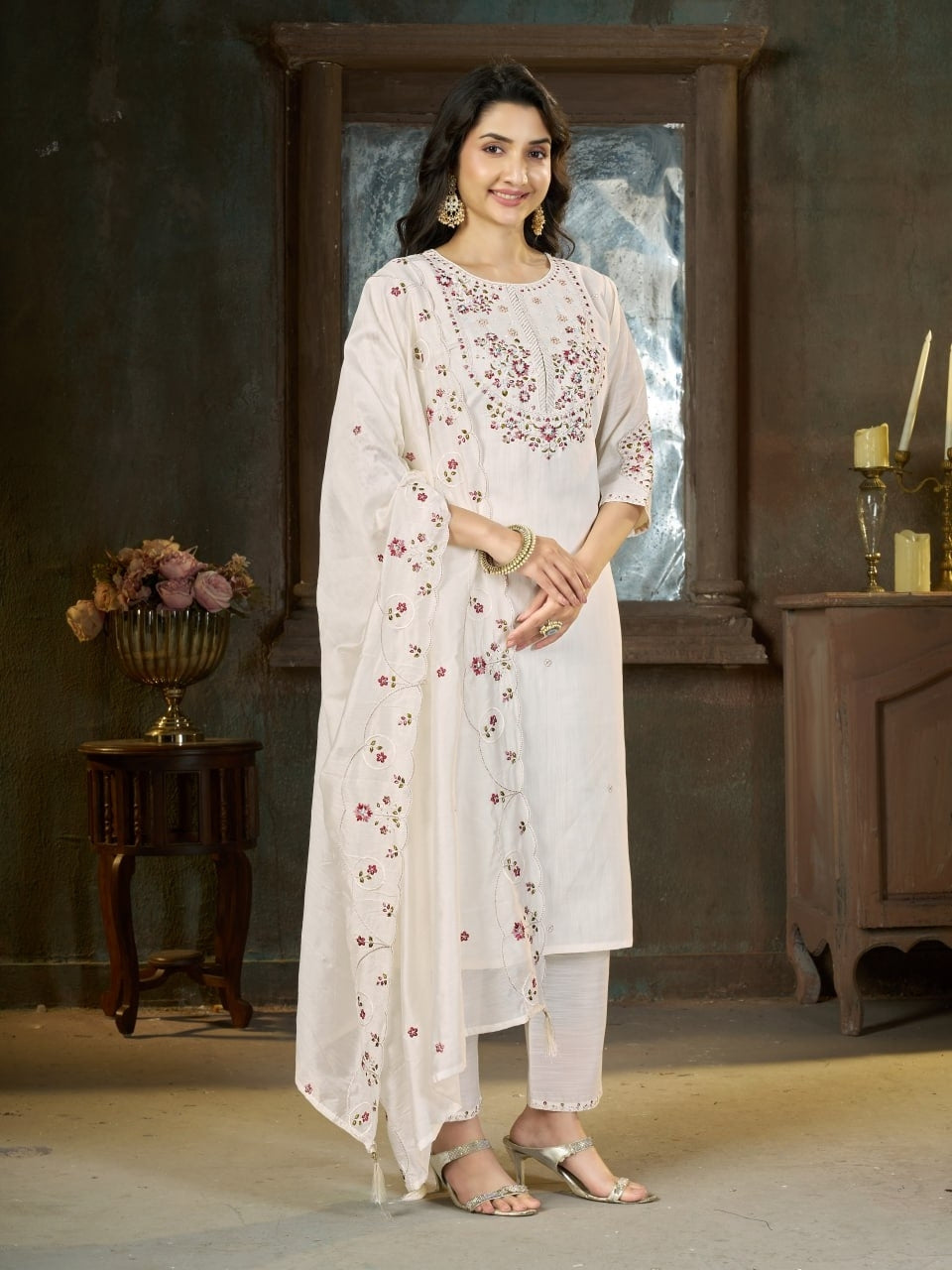 Ivory Marina Silk Embroidered Suit Set with Dupatta