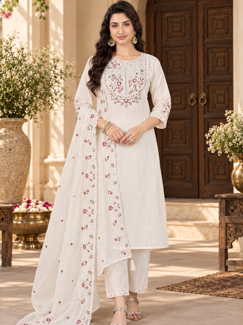 Ivory Marina Silk Embroidered Suit Set with Dupatta