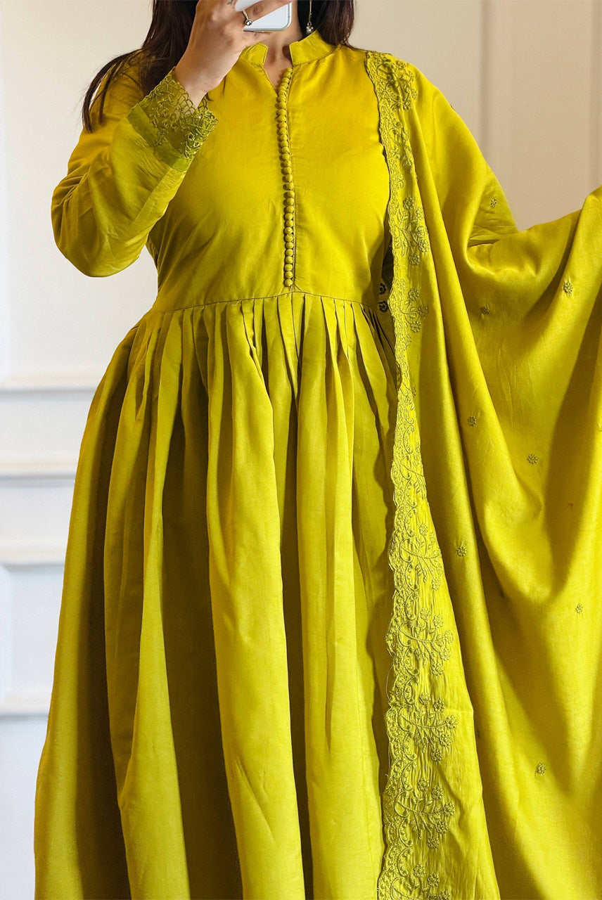 Lime Green Embroidered Anarkali Suit Set with Dupatta