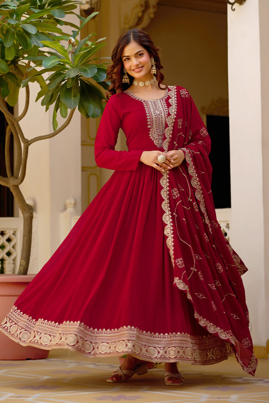 Rani Wine Embroidered Anarkali Kurta Set with Dupatta