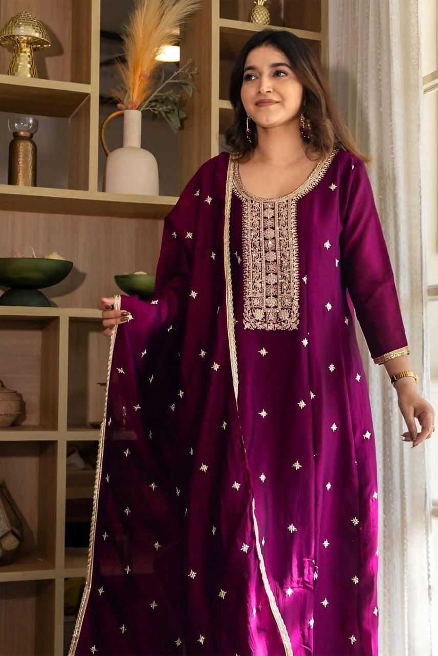 Wine Purple Embroidered Kurta Set with Dupatta