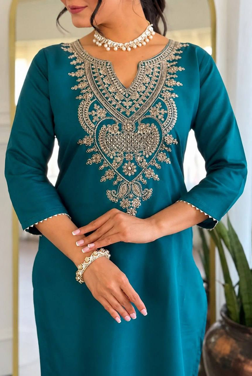 Teal Blue Embroidered Kurta Pant Set with Floral Printed Dupatta