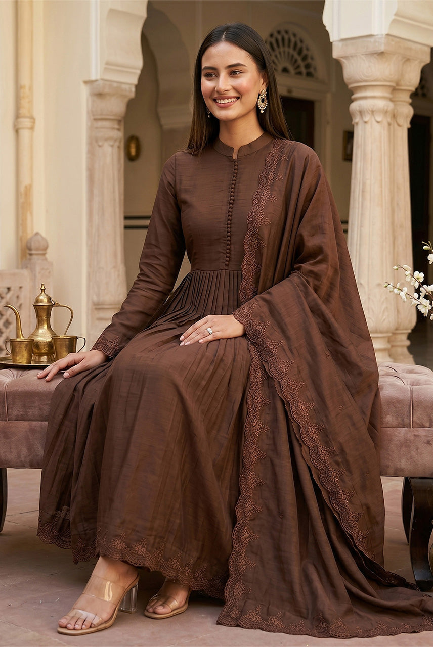 Cocoa Royale Brown Anarkali Kurta Set with Designer Dupatta