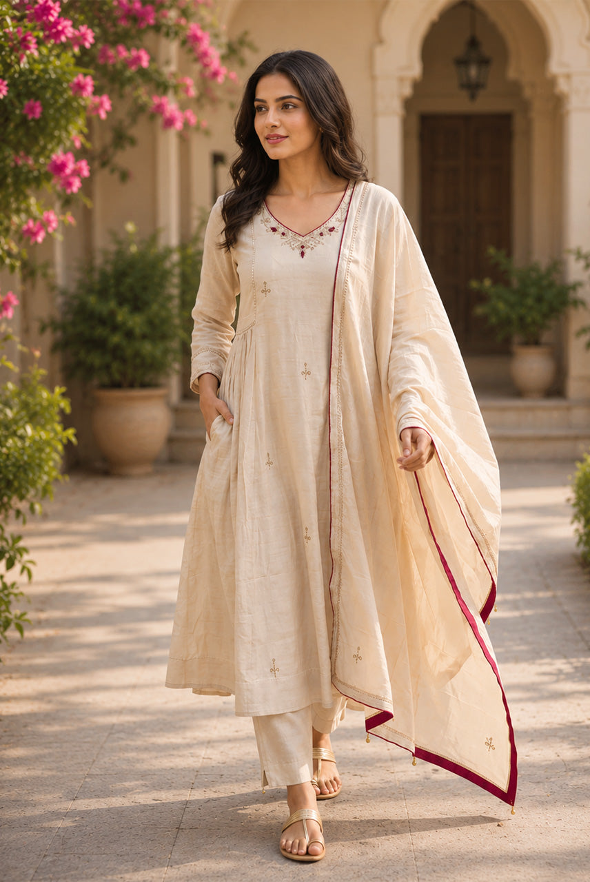 Ivory Embroidered A-Line Kurta Set with Contrast Dupatta