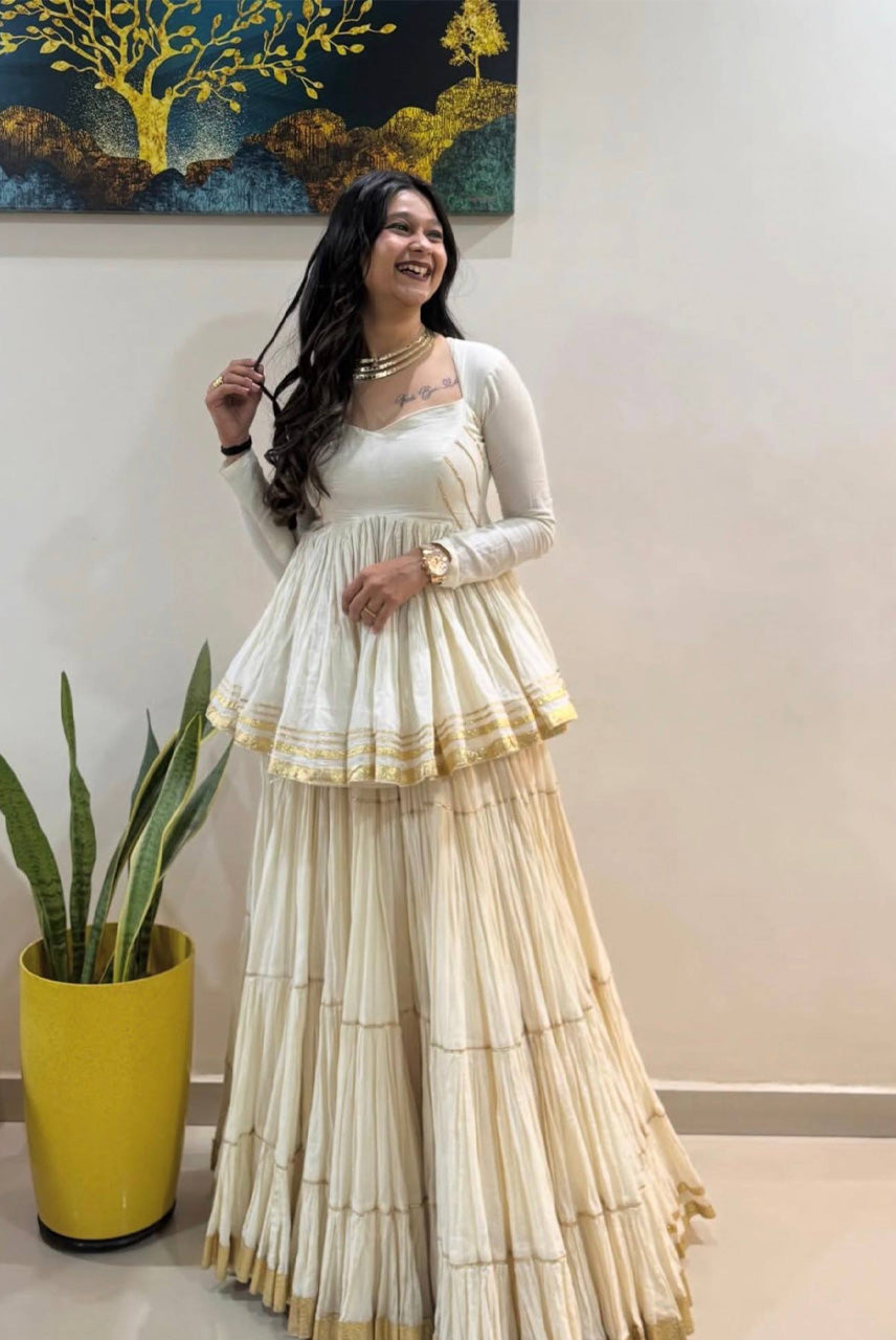 Ivory White Tiered Anarkali Gown with Ruffle Dupatta