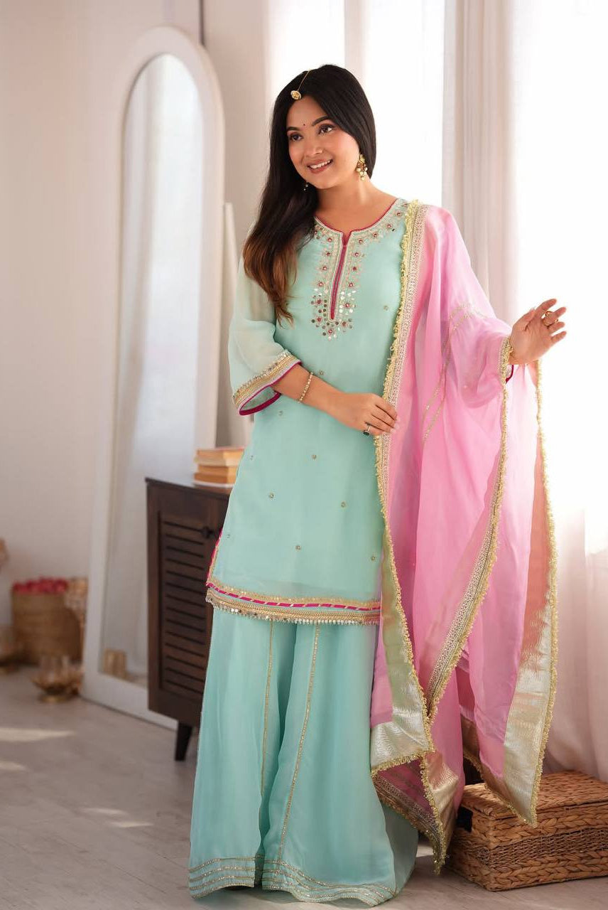 Gulnaar Aqua Sharara Set with Pink Embellished Dupatta