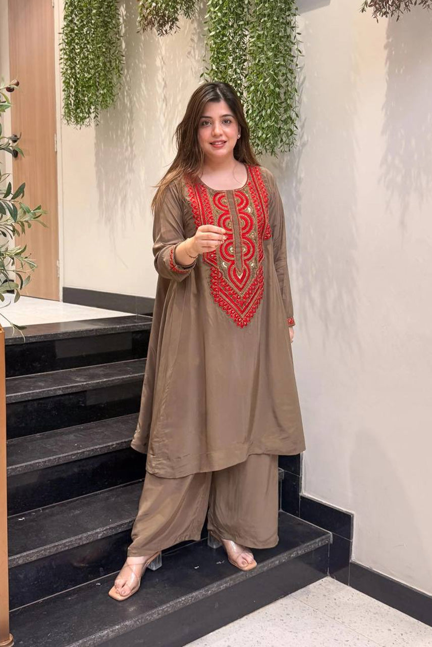 aupe Brown Embroidered Kurta Set with Palazzo