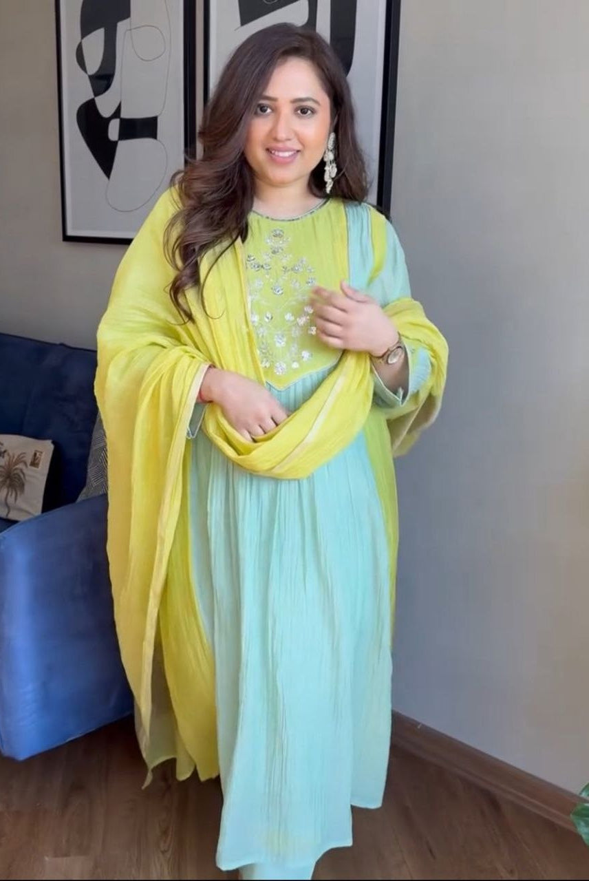 Lime Green & Mint Embroidered Anarkali Kurta Set with Dupatta