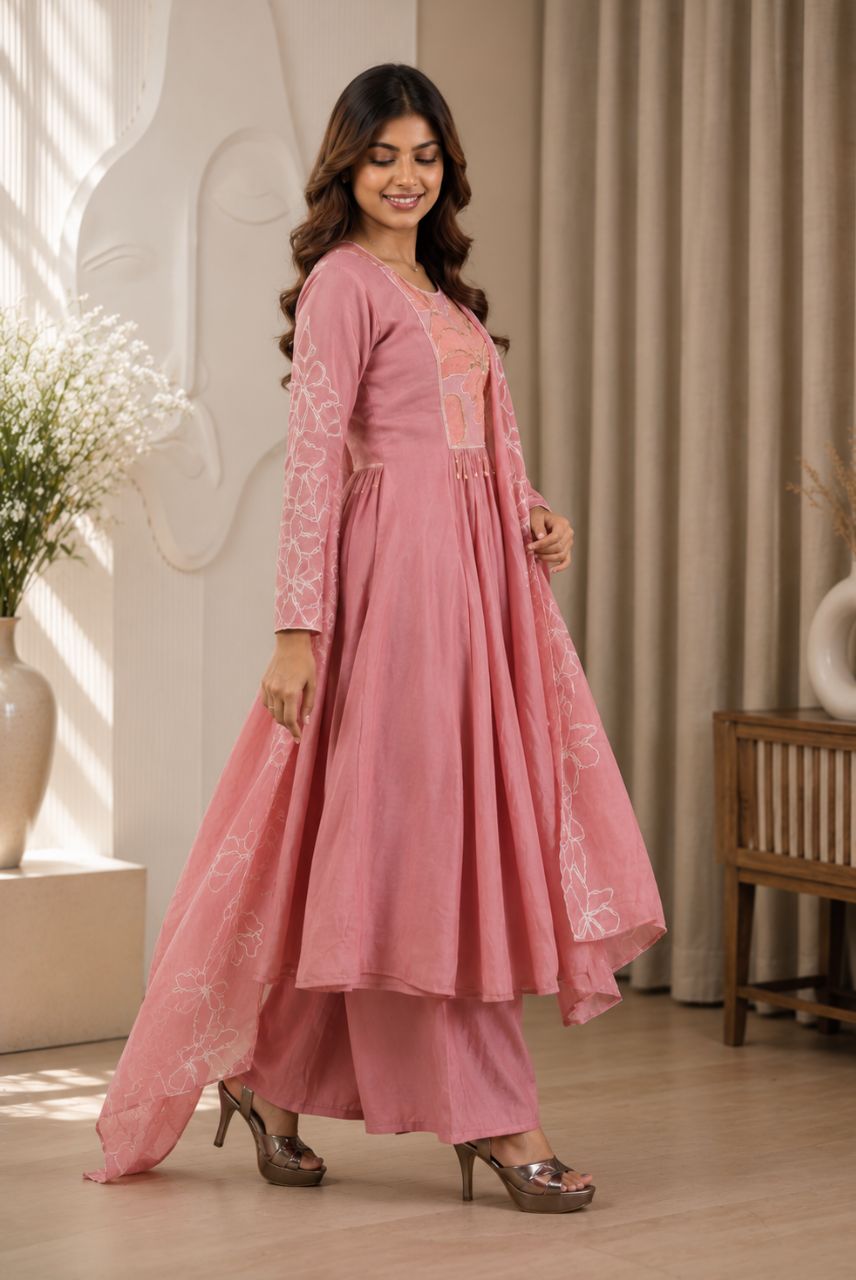 Dusty Rose Mul Chanderi Floral Embroidered Kurta Set with Dupatta