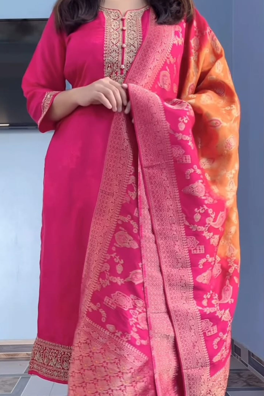 Rani Pink Festive Suit Set with Jacquard Dupatta