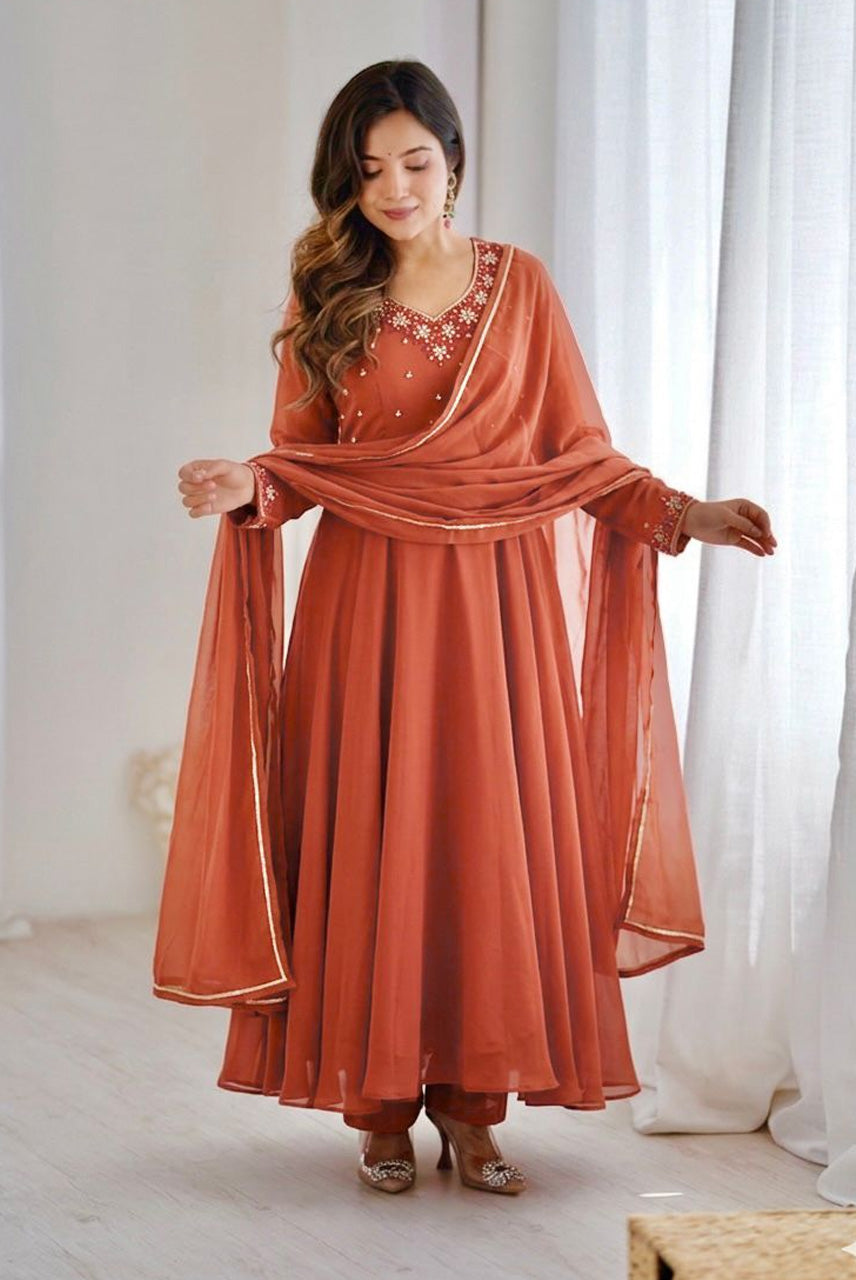 Rust Orange Embroidered Anarkali Kurta Set with Dupatta