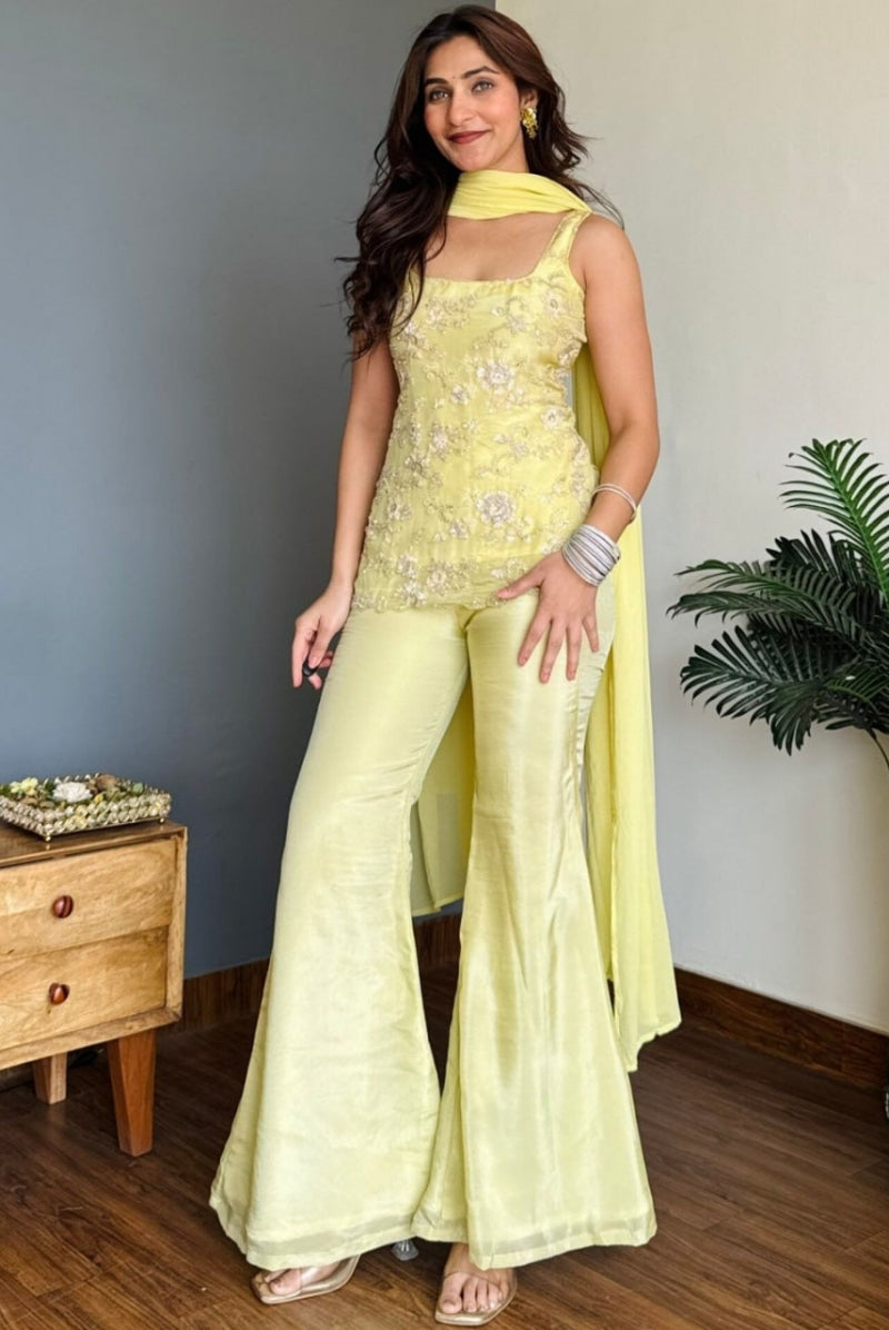 Pastel Yellow Floral Embroidered Faux Georgette Sharara Set