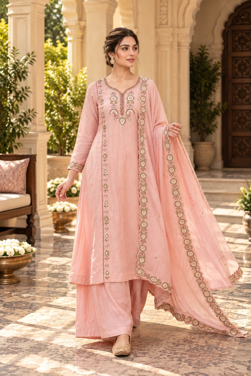 Peach Pink Floral Embroidered Mal Chanderi Kurta Set with Dupatta
