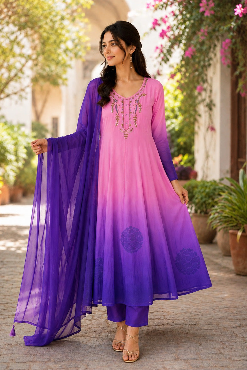 Pink Purple Ombre Embroidered Anarkali Kurta Set with Dupatta