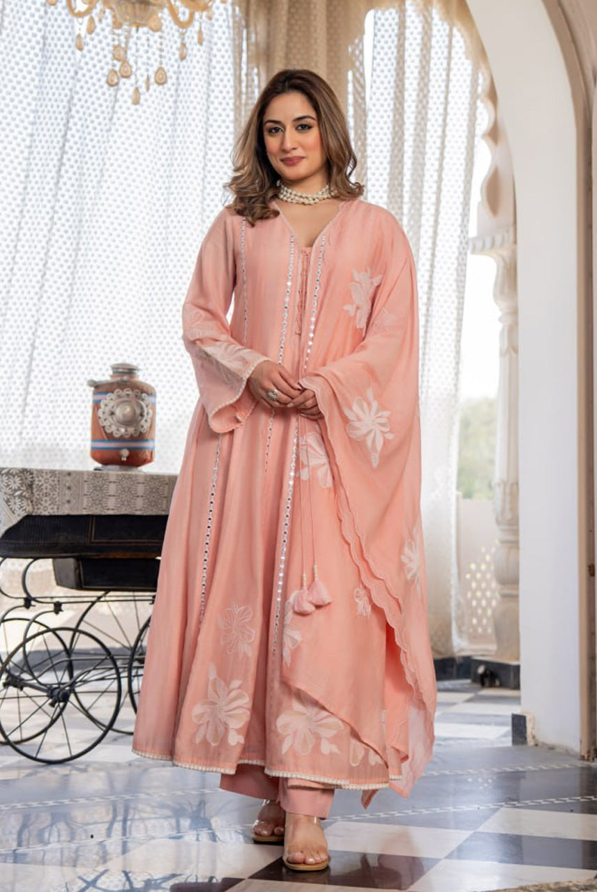 Peach Embroidered A-Line Kurta Set with Dupatta
