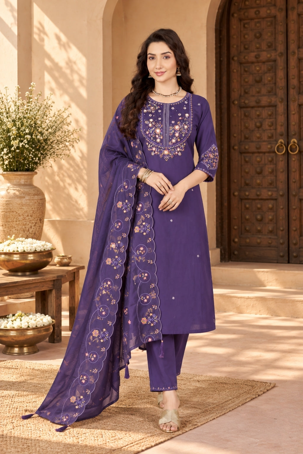 Royal Purple Marina Silk Embroidered Suit Set with Dupatta