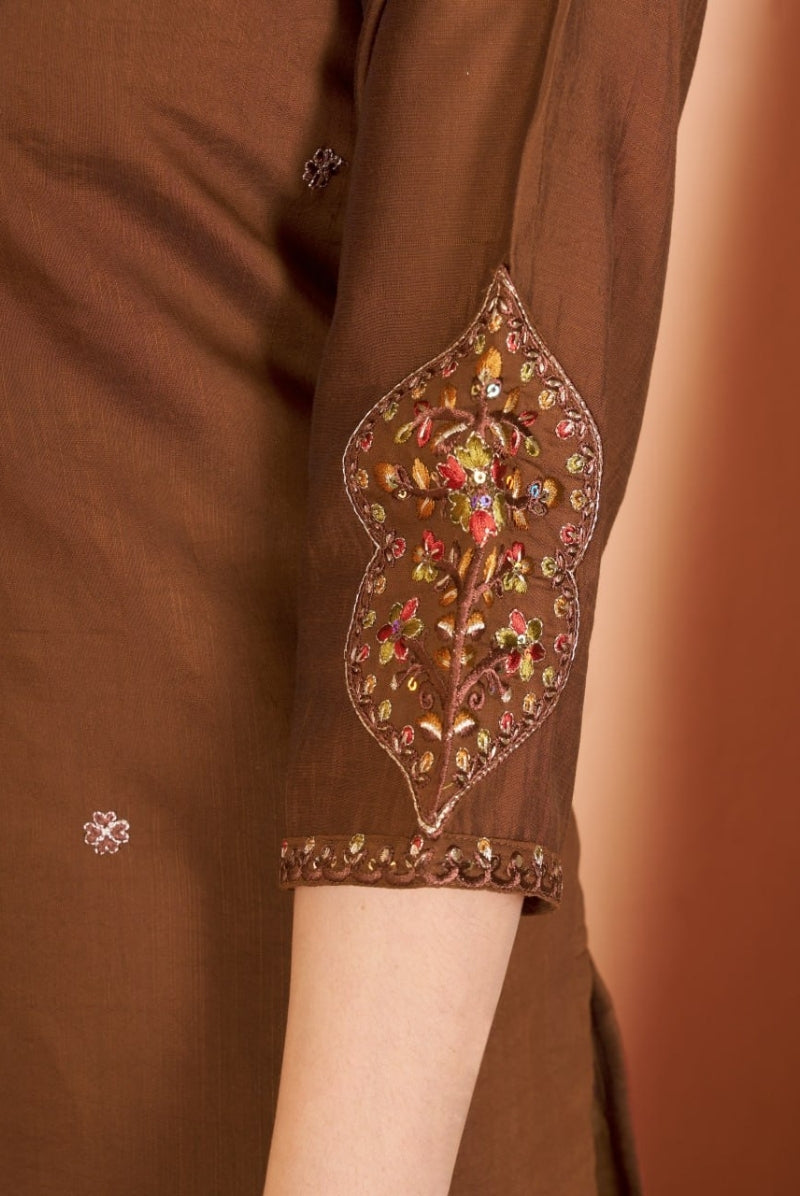Chocolate Brown Marina Silk Embroidered Suit Set with Dupatta