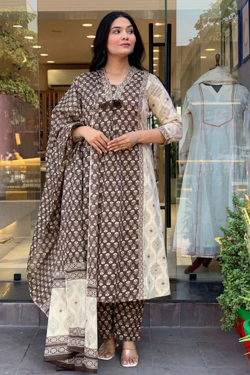 Brown & Ivory Printed Jaipur Cotton Suit Set with Dupatta