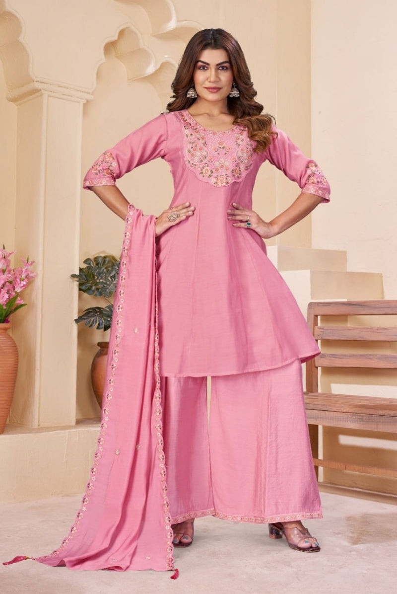 Rani Pink Floral Embroidered Mal Chanderi Kurta Set with Dupatta