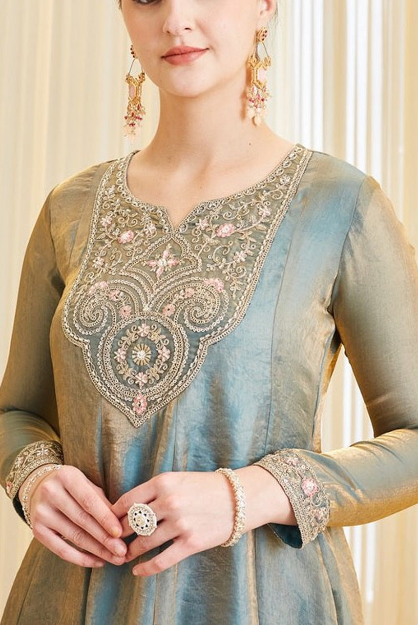 Dusty Sage Green Embroidered A-Line Kurta Palazzo Set with Dupatta