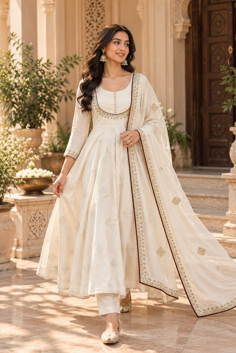 Ivory White Embroidered Anarkali Suit Set with Dupatta