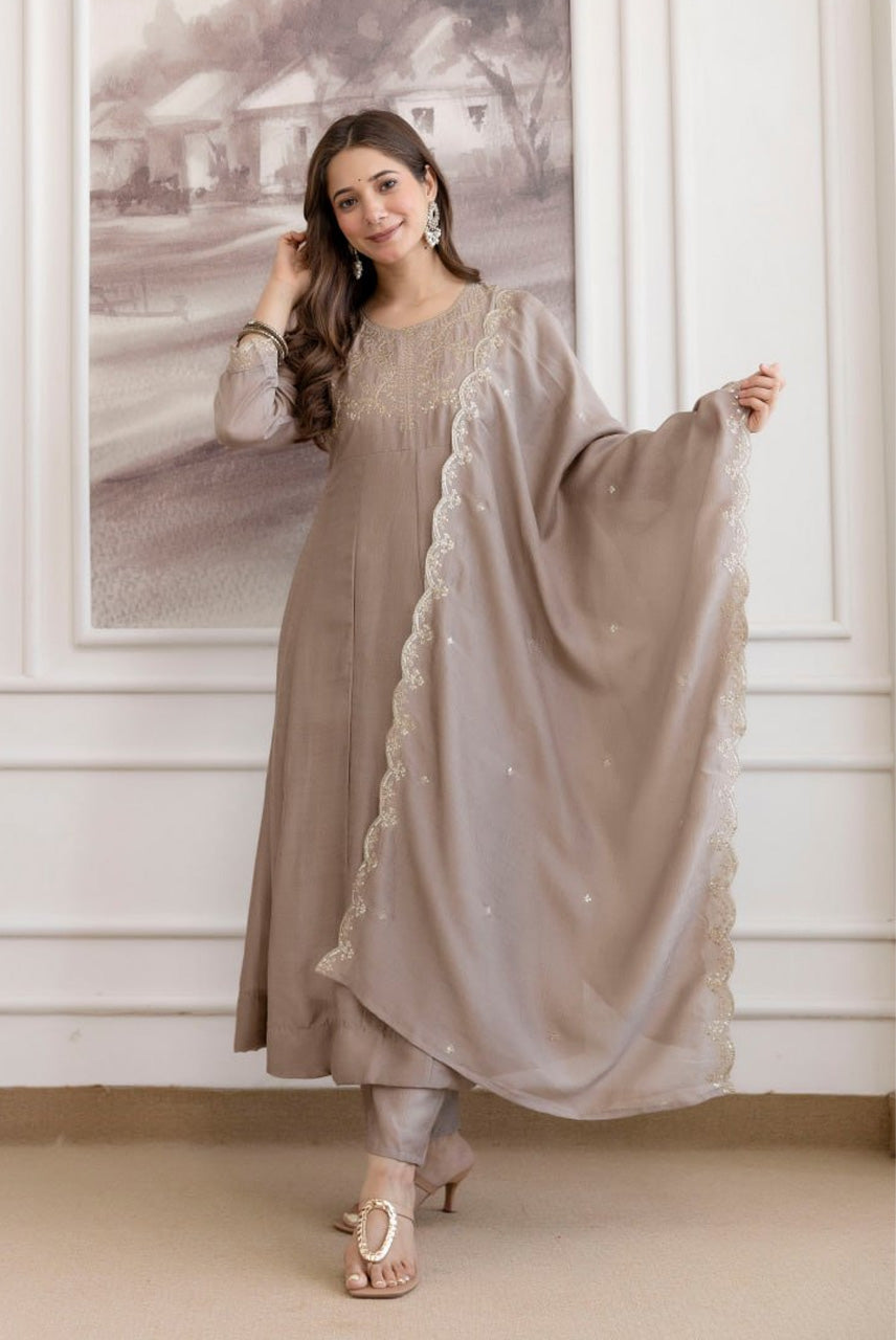 Taupe Embroidered A-Line Kurta Set with Dupatta