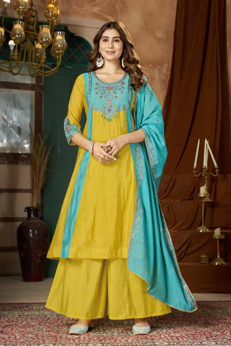 Mustard Yellow & Turquoise Blue Embroidered Mal Chanderi Kurta Set with Dupatta