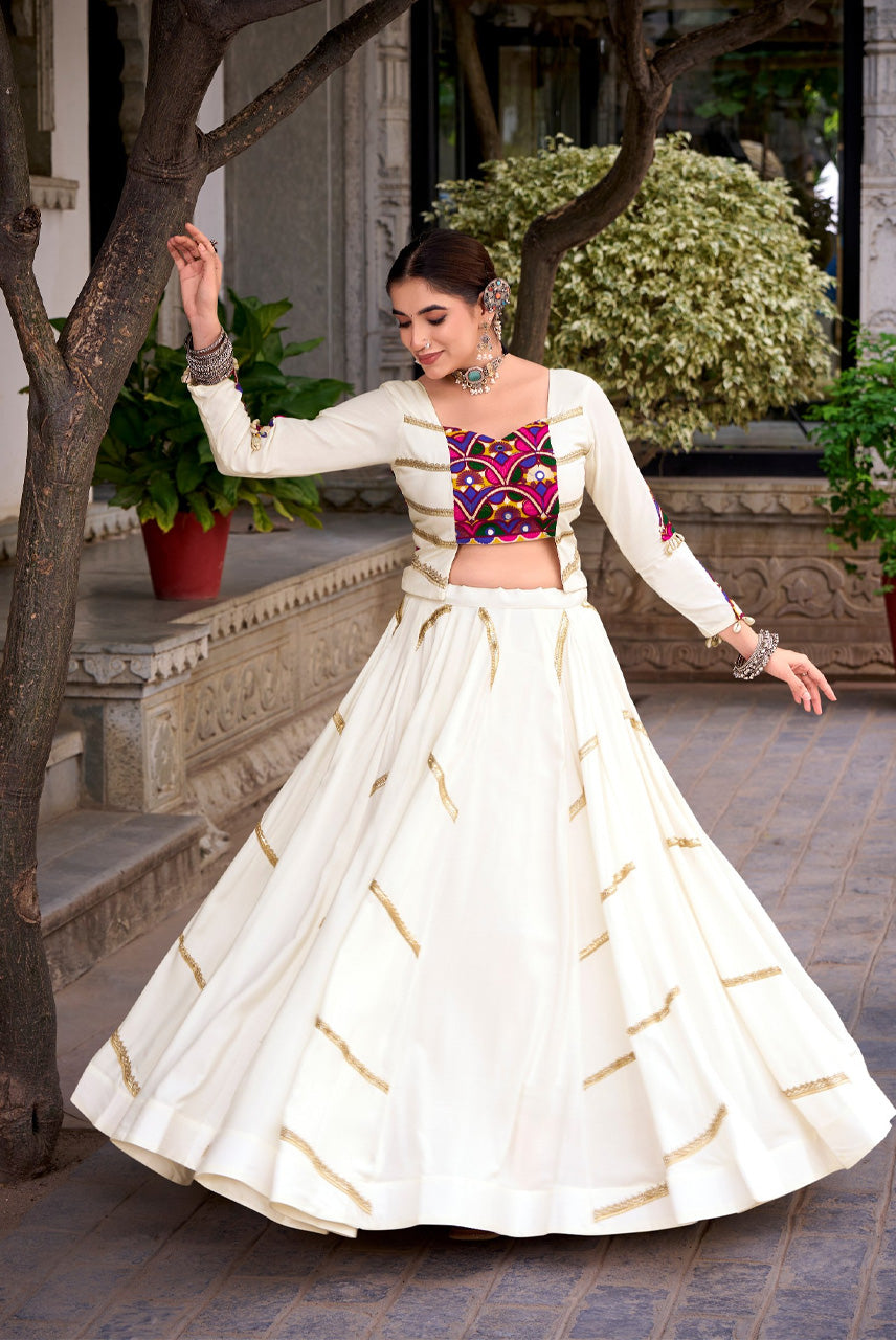 Ivory Embroidered Crop Top with Flared Skirt & Shrug Co-Ord Set
