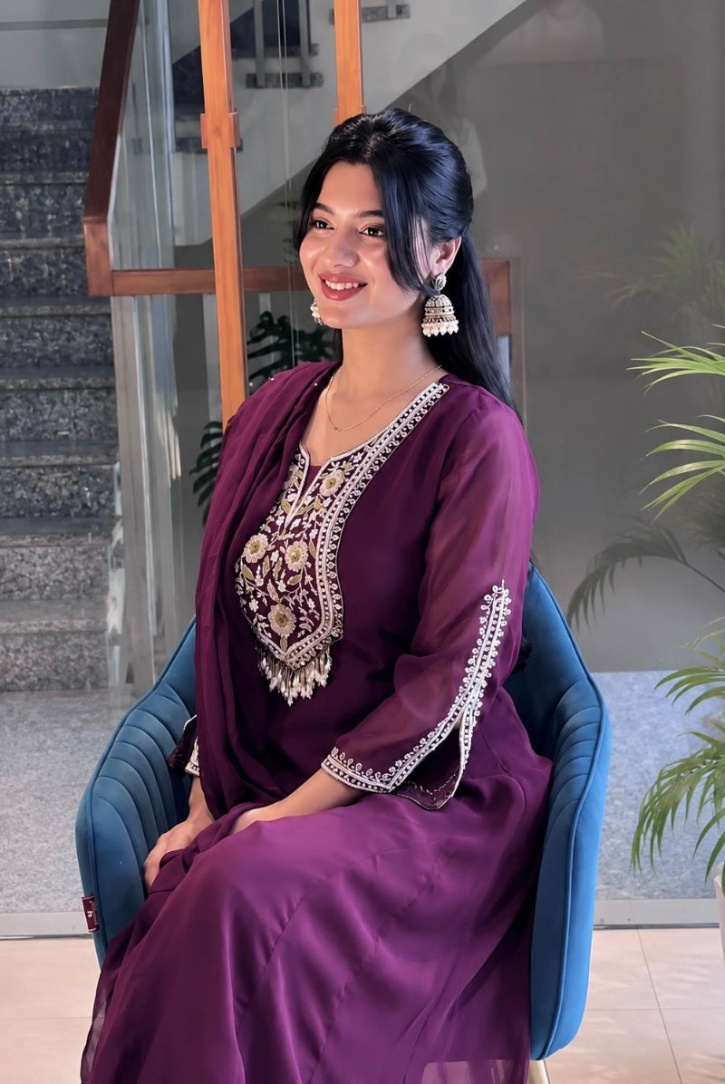 Wine Embroidered Faux Georgette Anarkali Suit Set with Dupatta