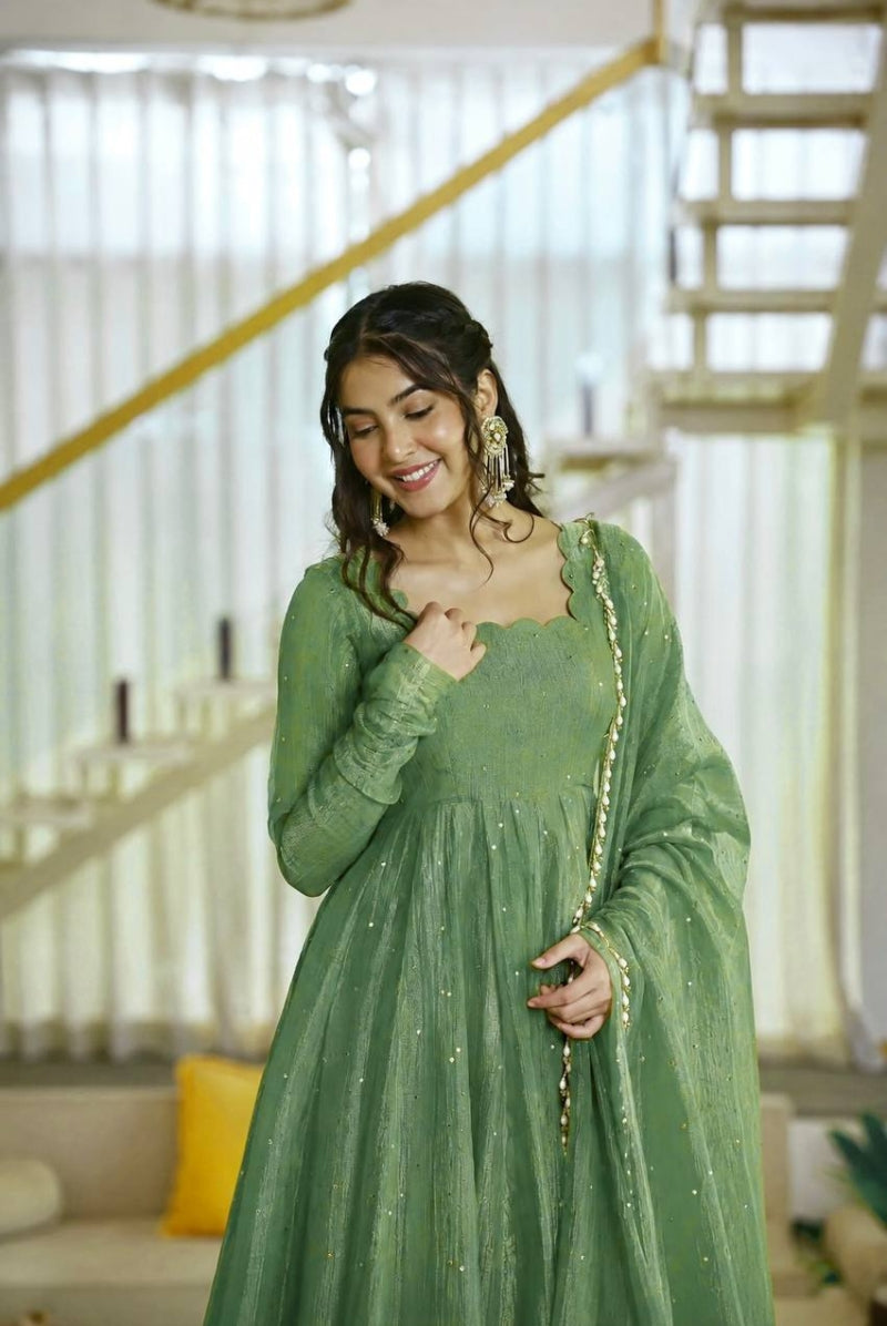 Sage Green Salsa Silk Anarkali Suit Set with Dupatta