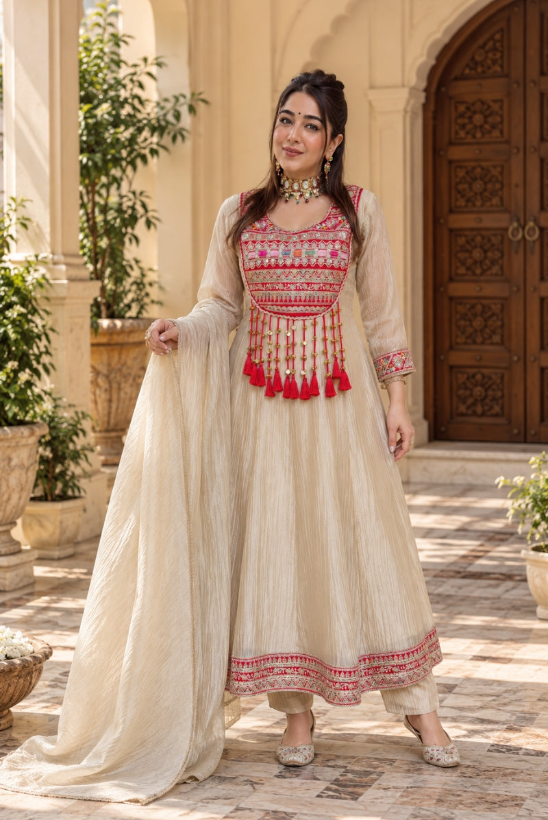 Ivory Embroidered Salsa Crush Silk Anarkali Pant Dupatta Set