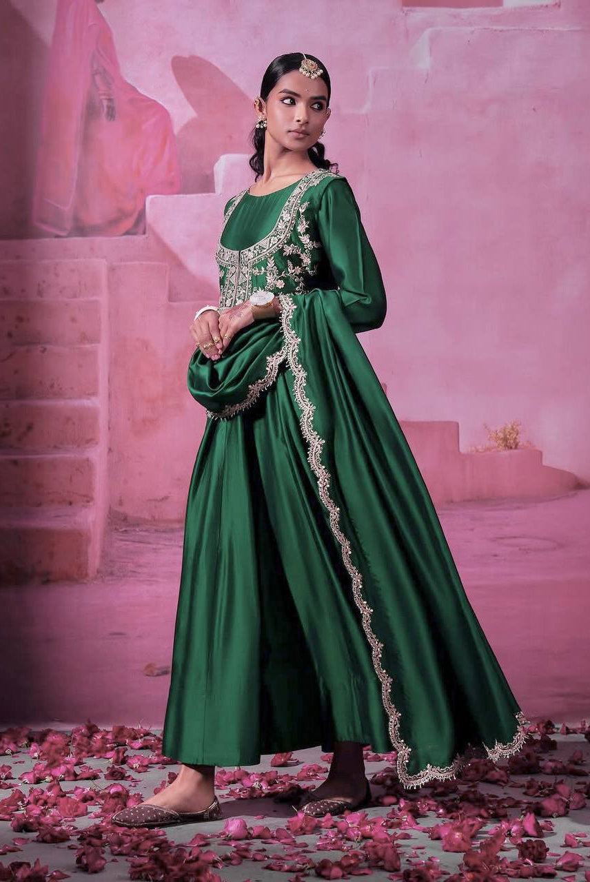 Emerald Green Embroidered Anarkali Gown Set with Dupatta